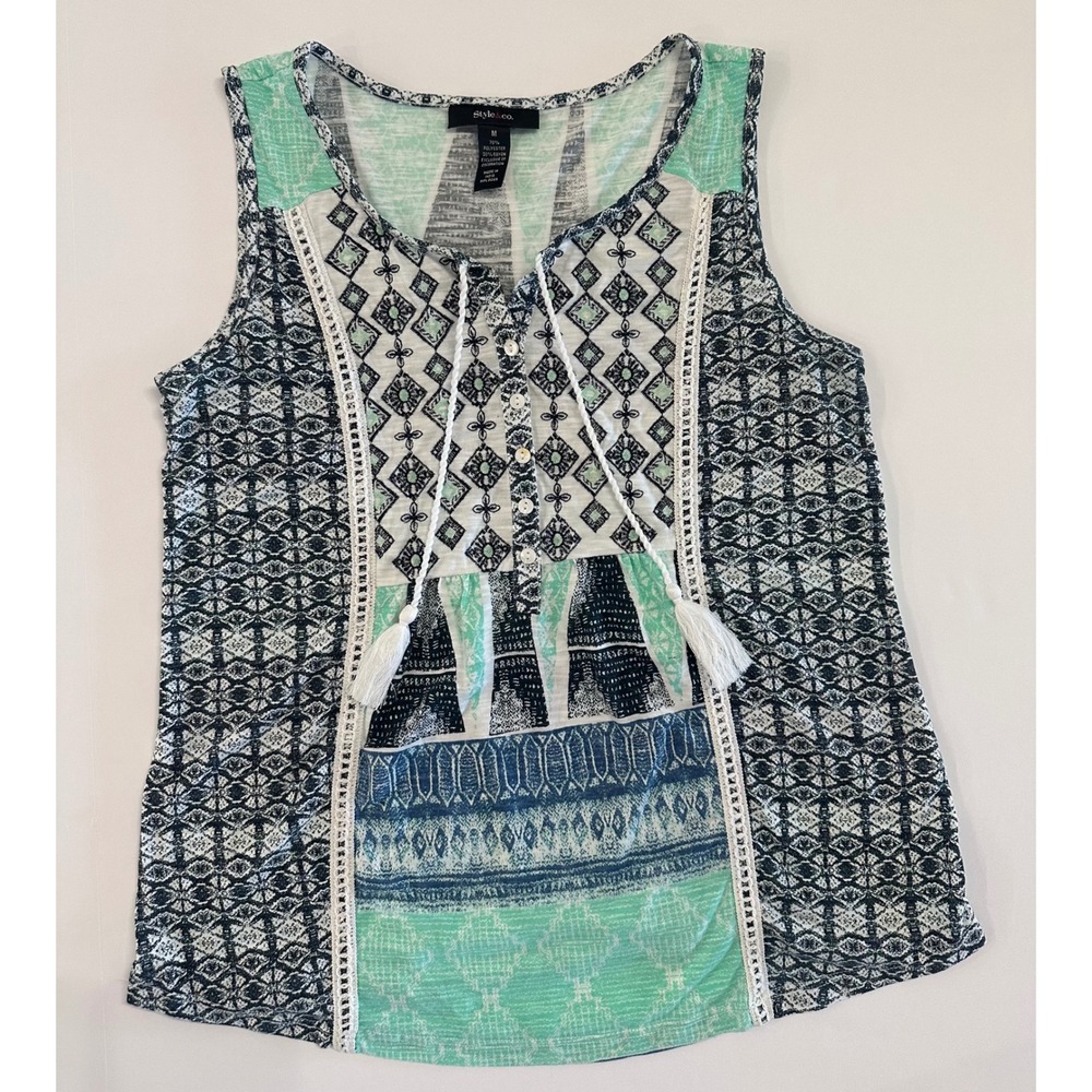 Style & Co Womens Medium Blue Green Geometric Tassel Sleeveless Boho Top